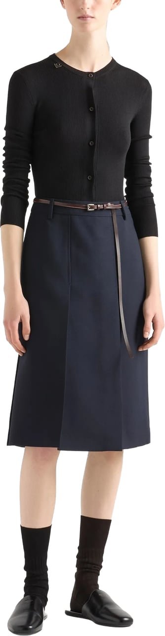 Prada Black Superfine Wool Ribbed Cardigan Zwart