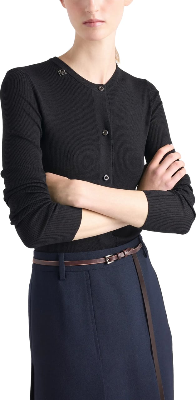 Prada Black Superfine Wool Ribbed Cardigan Zwart
