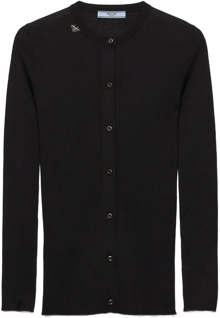 Prada Black Superfine Wool Ribbed Cardigan Zwart