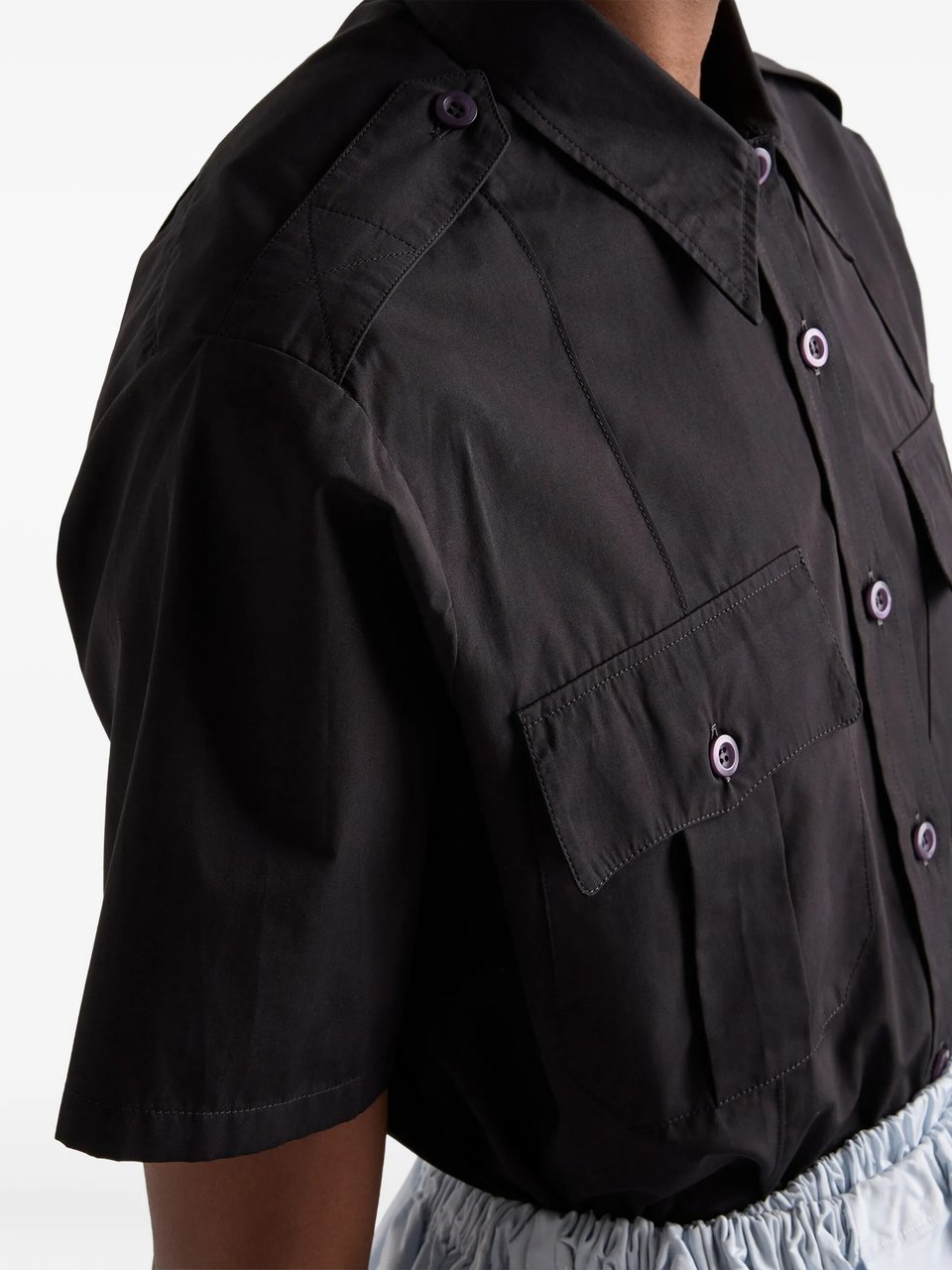 Prada Dark Popeline Boxy Short-Sleeved Shirt Zwart
