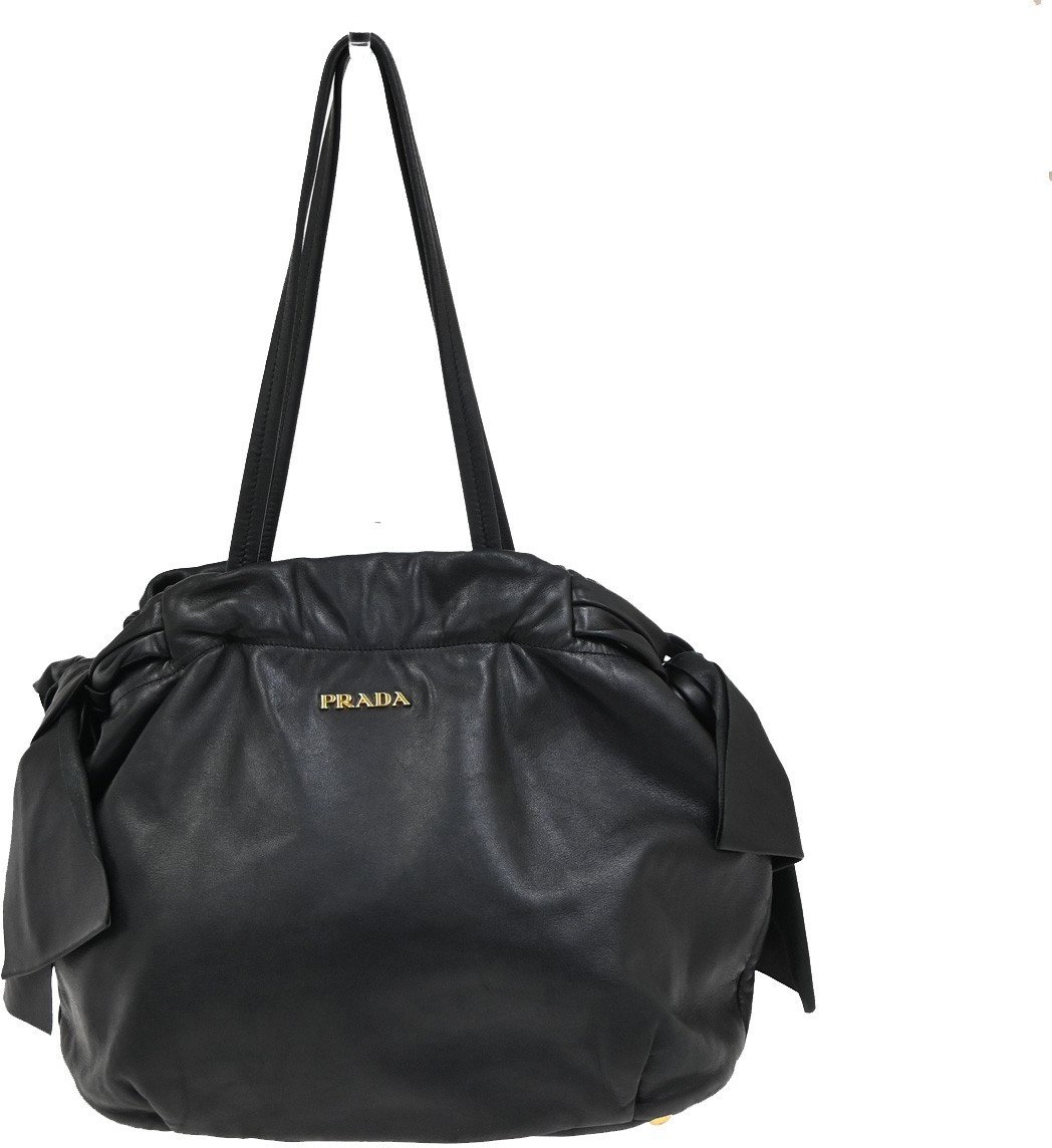 Prada Prada Bow Tie Pleated Tote Leather Large Zwart