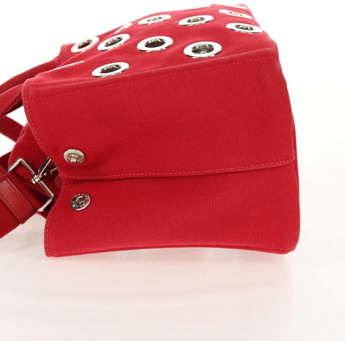 Prada Prada Canapa Convertible Tote Grommet Embellished Canvas PM Rood