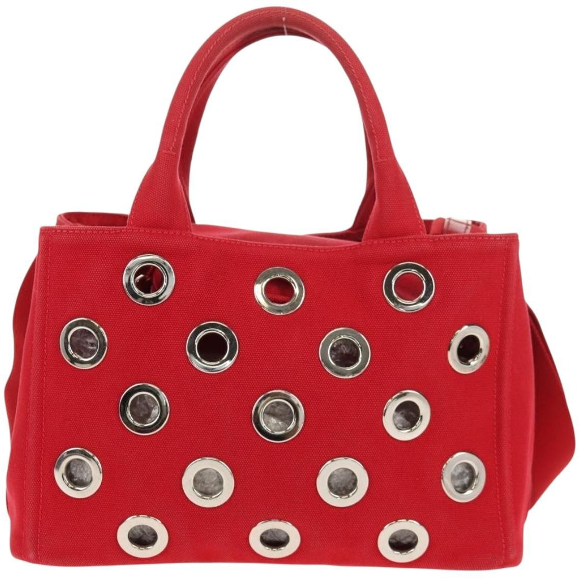 Prada Prada Canapa Convertible Tote Grommet Embellished Canvas PM Rood