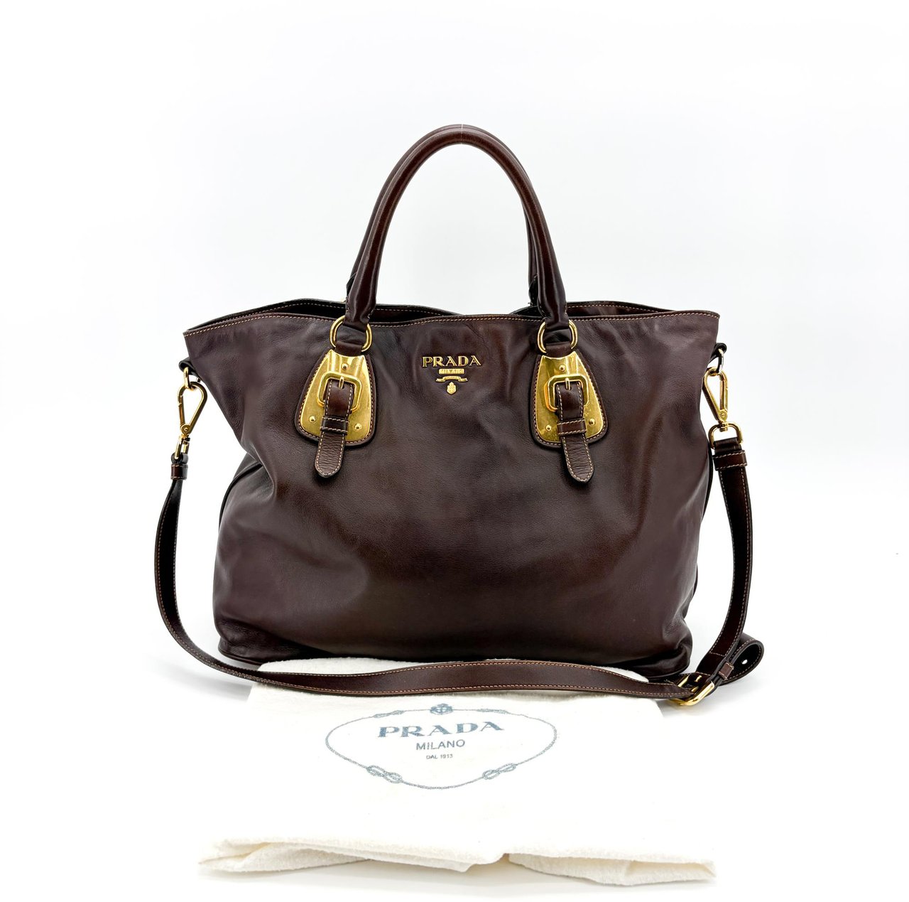 Prada Buckle Tote Vitello Daino Medium Bruin