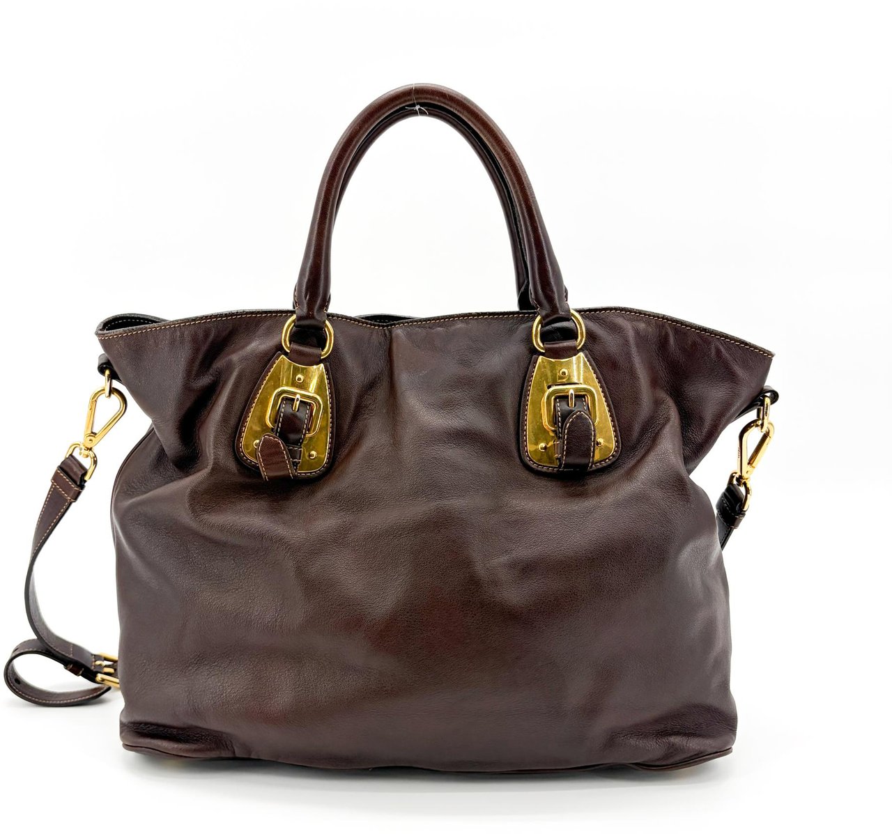 Prada Buckle Tote Vitello Daino Medium Bruin