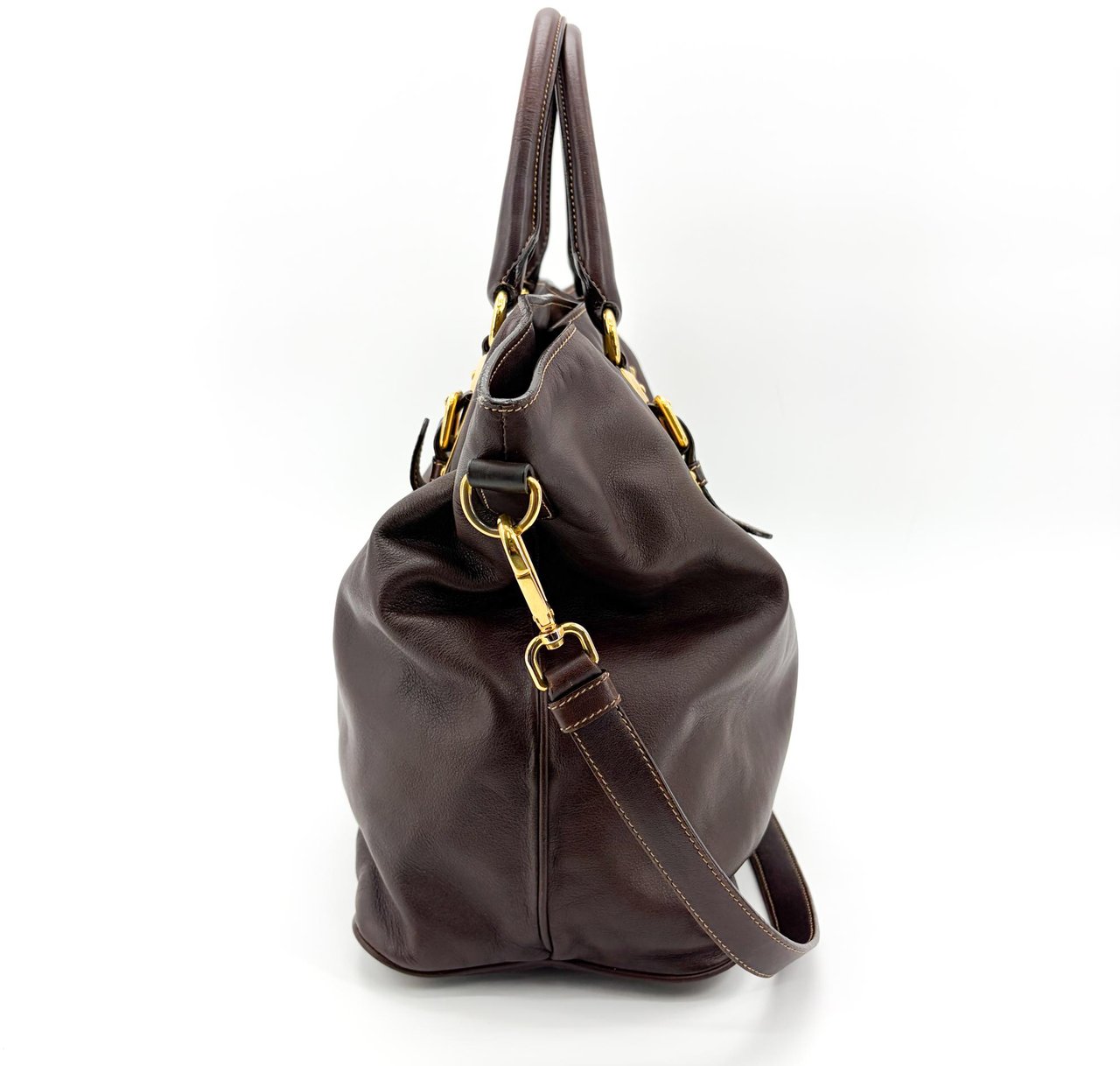 Prada Buckle Tote Vitello Daino Medium Bruin