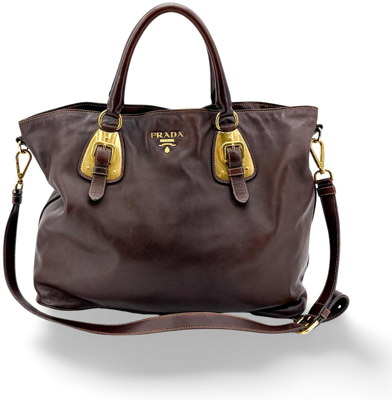 Prada Buckle Tote Vitello Daino Medium Bruin