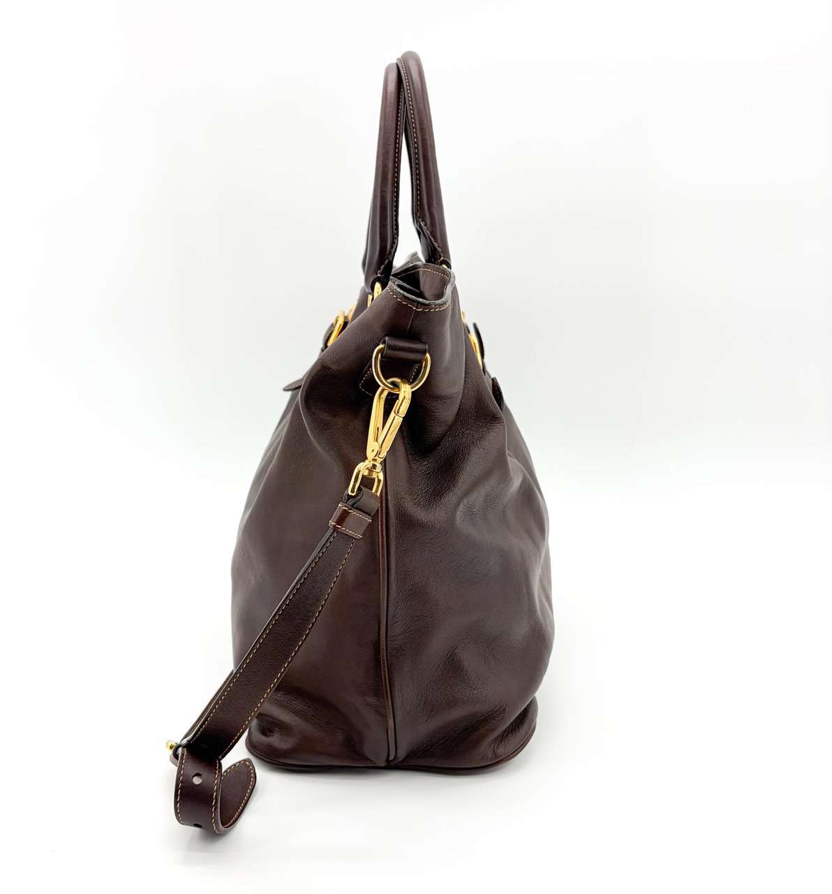 Prada Buckle Tote Vitello Daino Medium Bruin