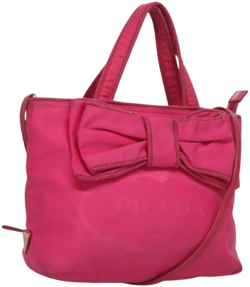 Prada Prada Logo Bow Convertible Tote Tessuto with Leather Small Roze
