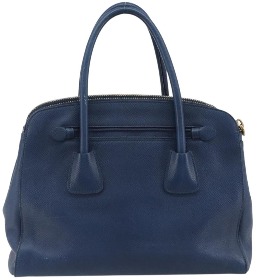 Prada Cuir Frame Double Zip Tote Saffiano Leather Large Blauw