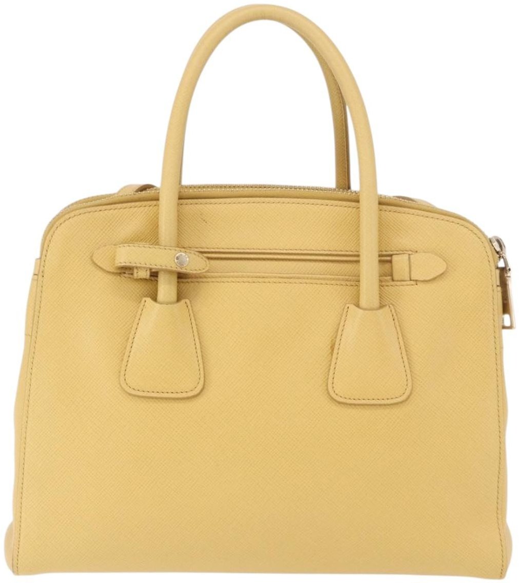 Prada Cuir Frame Double Zip Tote Saffiano Leather Large Geel