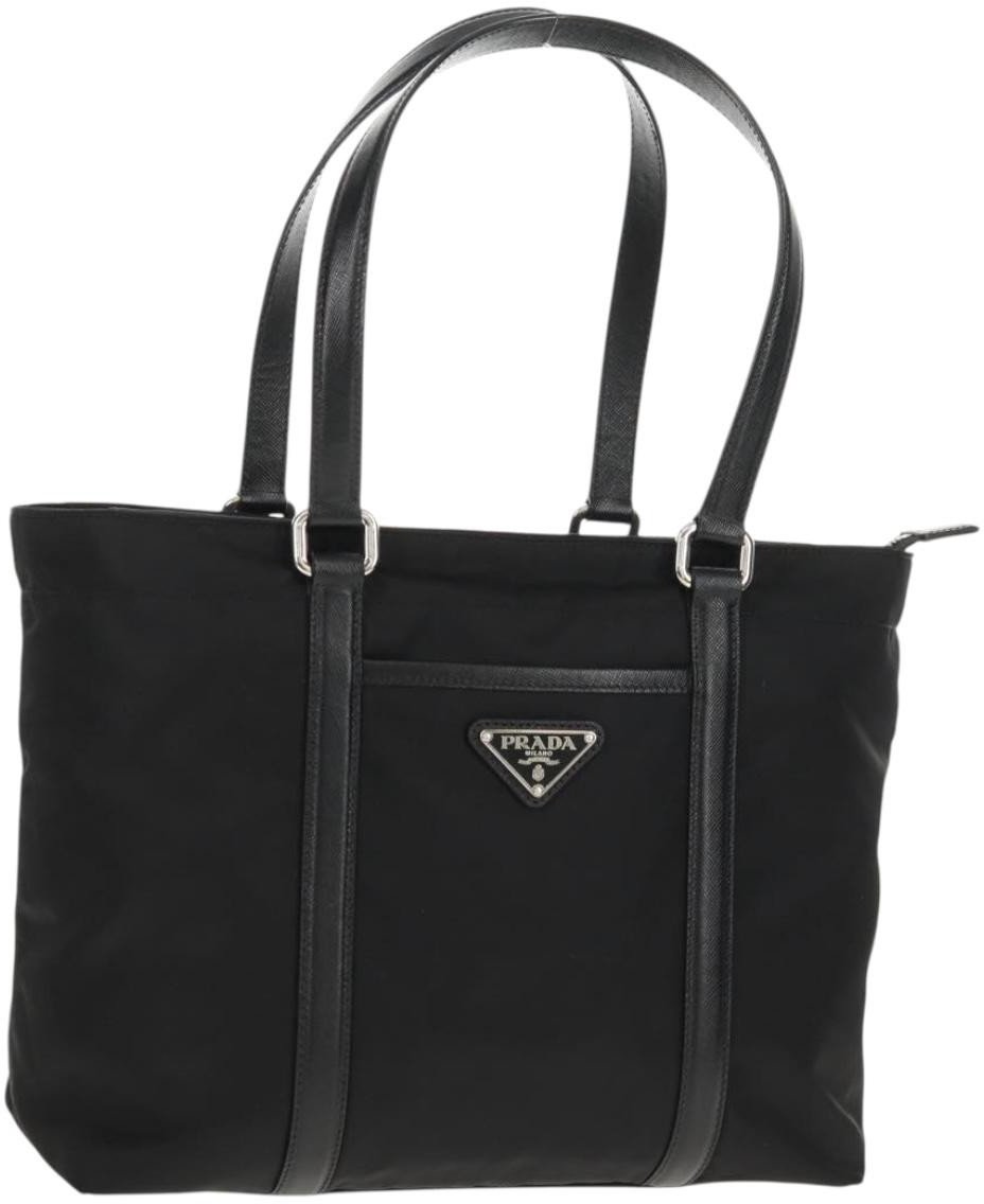 Prada Prada Front Pocket Zip Tote Tessuto with Leather Medium Zwart