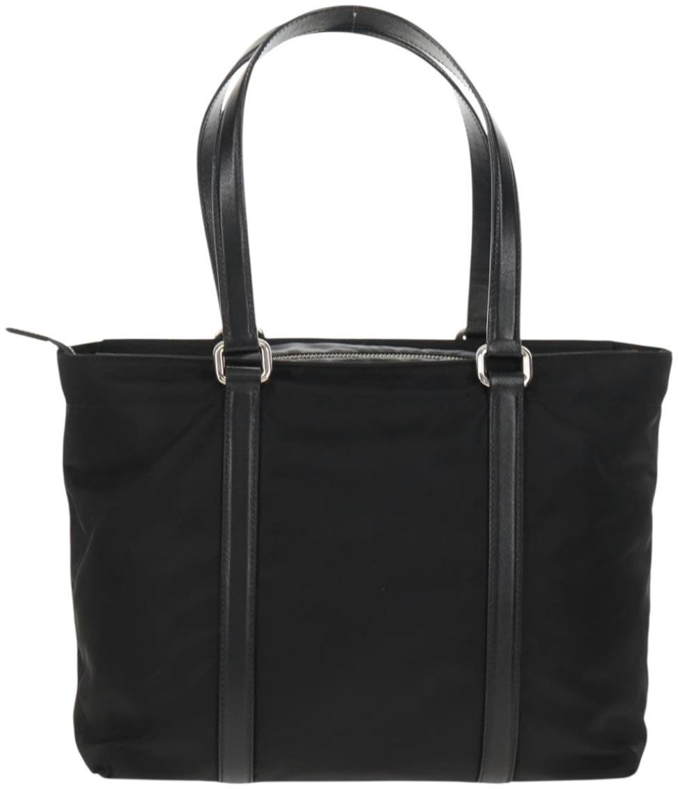 Prada Prada Front Pocket Zip Tote Tessuto with Leather Medium Zwart