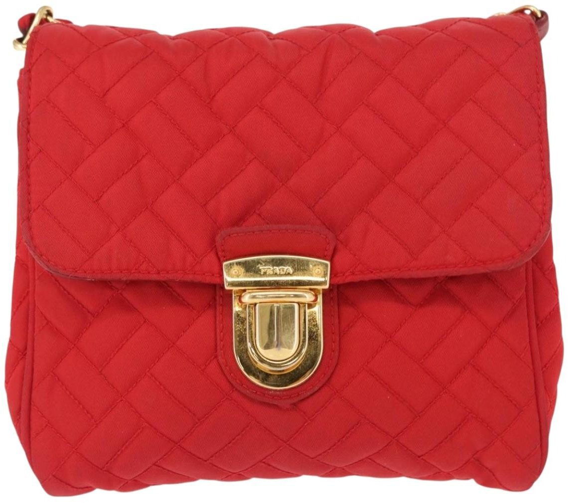 Prada Prada Pushlock Chain Flap Bag Quilted Tessuto Mini Rood