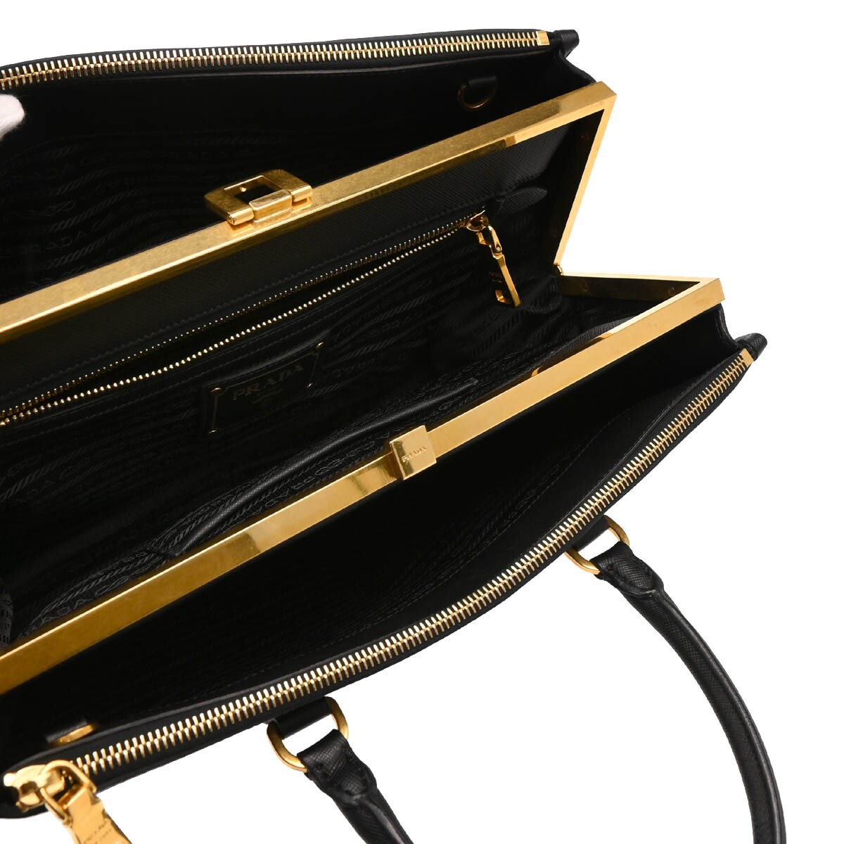 Prada Prada Lux Double Zip Frame Tote Saffiano Leather Zwart