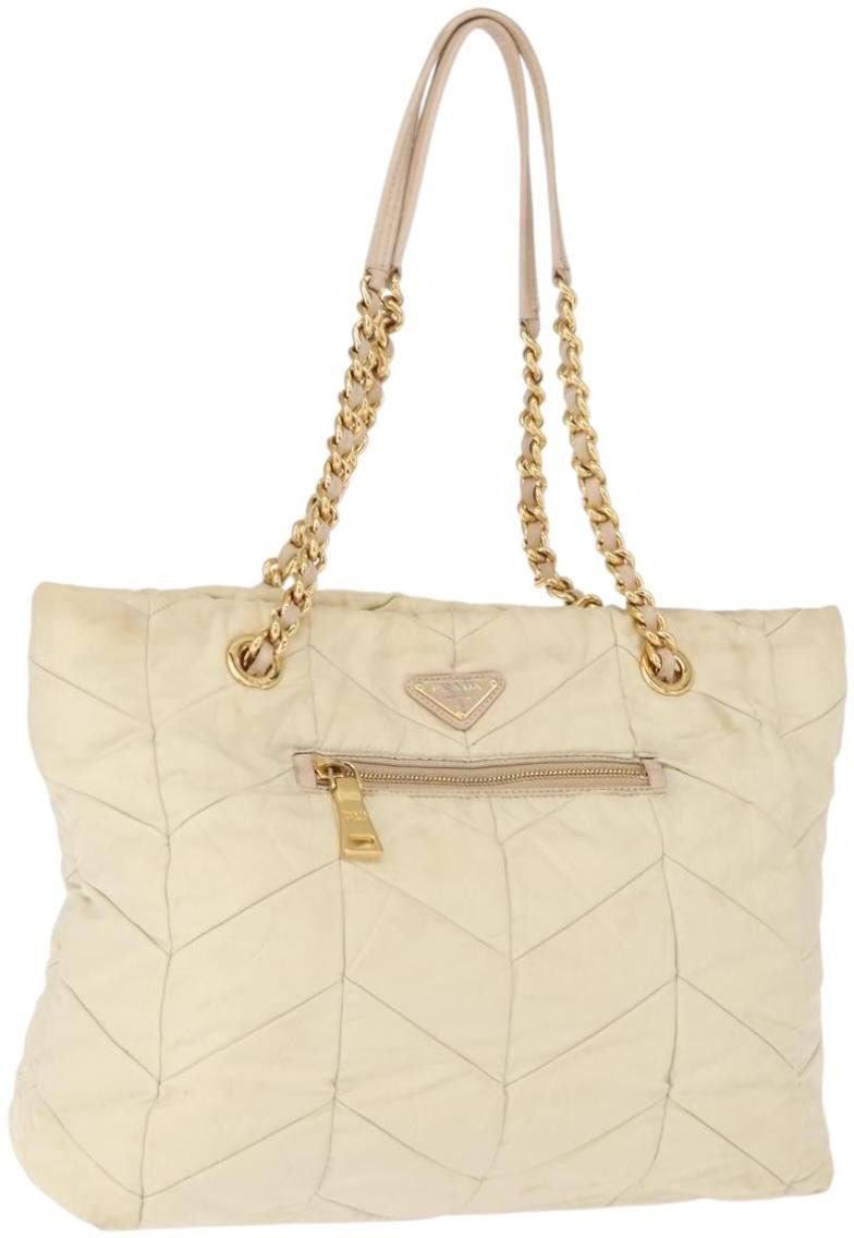 Prada Prada Chain Front Zip Tote Quilted Tessuto Medium Beige