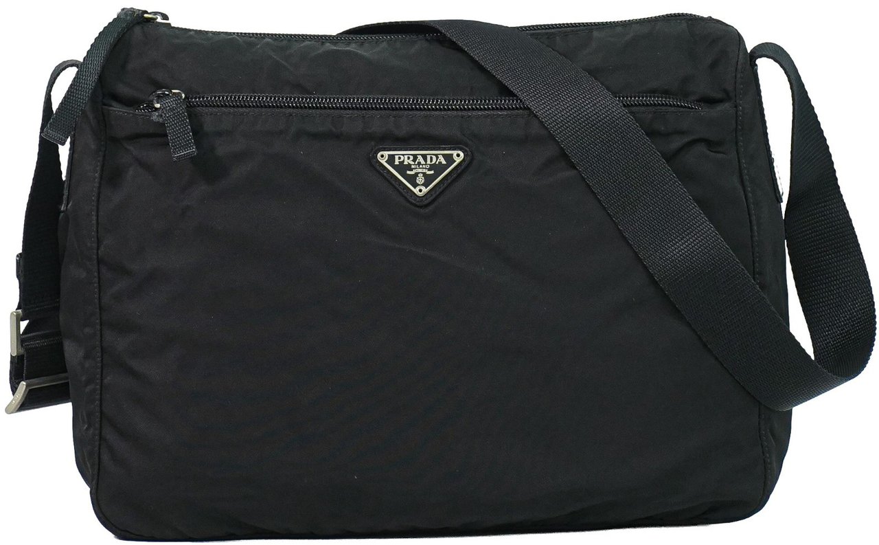 Prada Prada Front Zip Messenger Bag Tessuto Medium Zwart