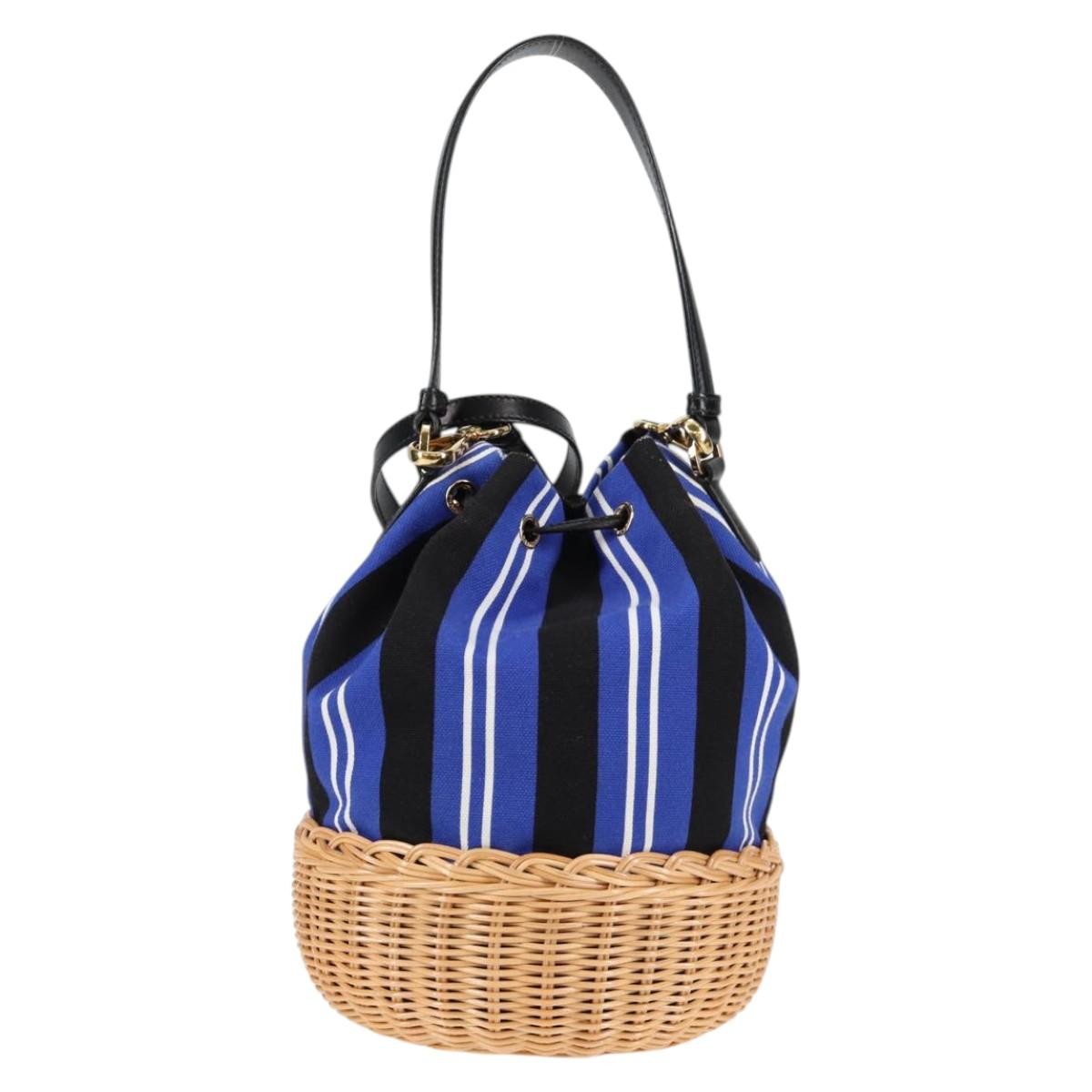 Prada Prada Drawstring Bucket Bag Canvas and Wicker Small Blauw