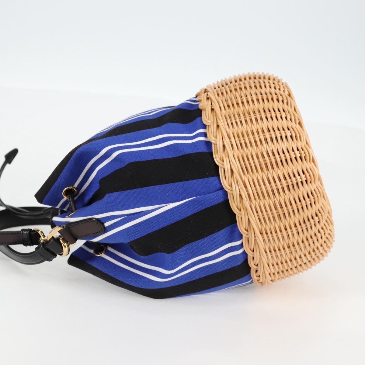 Prada Prada Drawstring Bucket Bag Canvas and Wicker Small Blauw