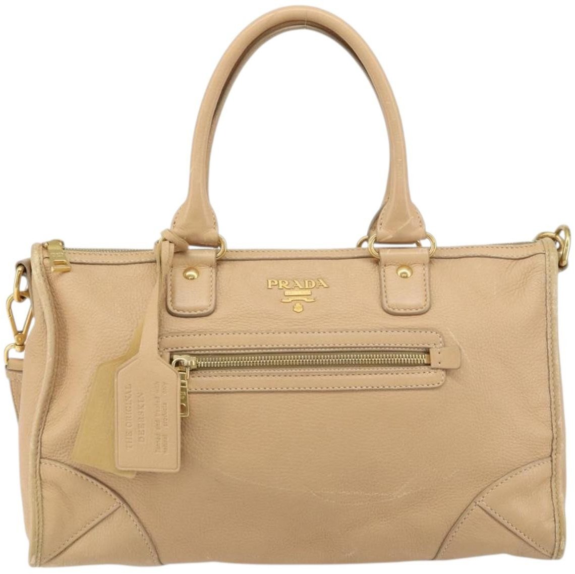 Prada Prada Front Zip Convertible Satchel Cervo Leather Medium Beige