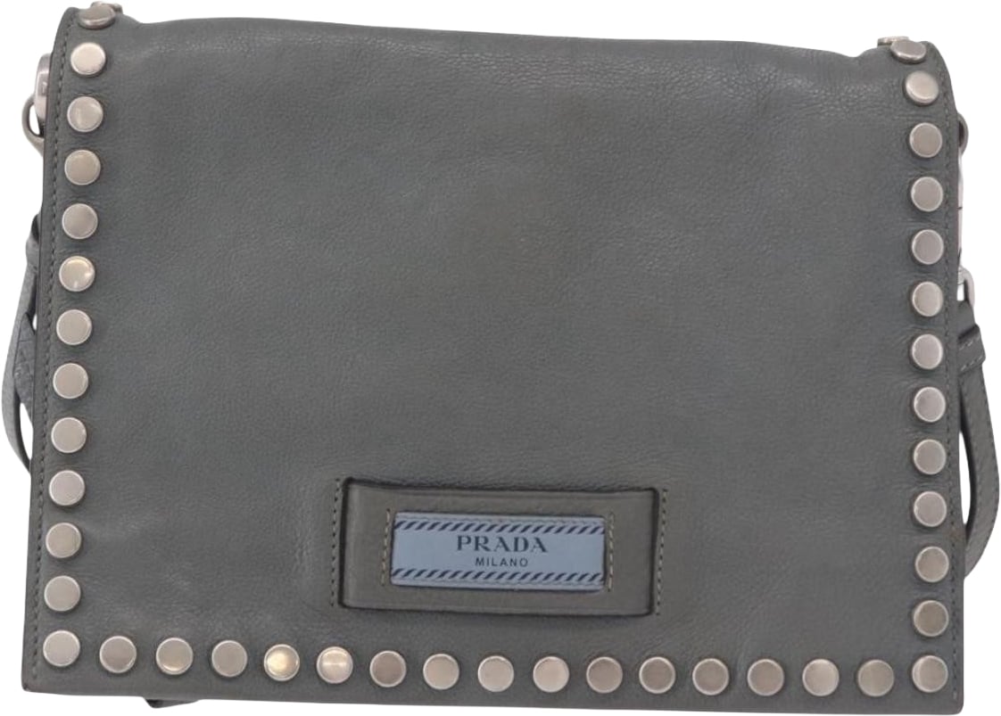 Prada Etiquette Flap Studded Glace Calfskin Small Grijs