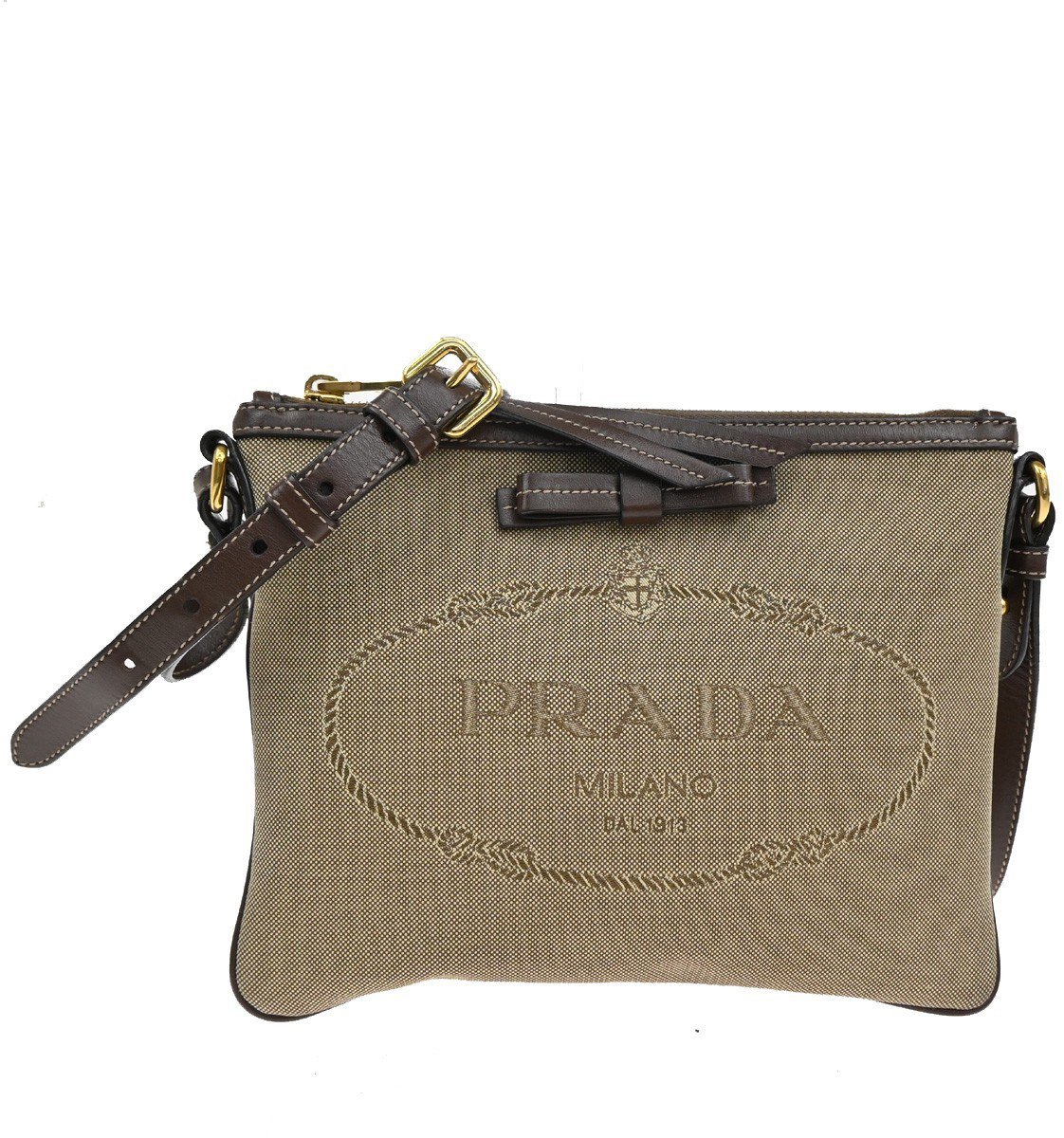 Prada Prada Logo Double Zip Crossbody Bag Canvas Bruin
