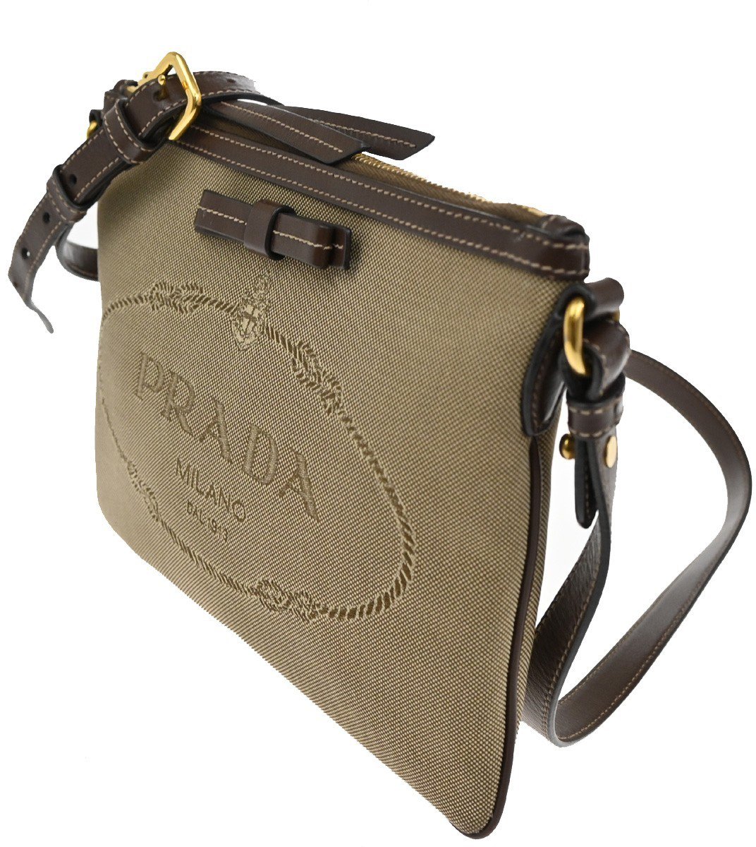 Prada Prada Logo Double Zip Crossbody Bag Canvas Bruin