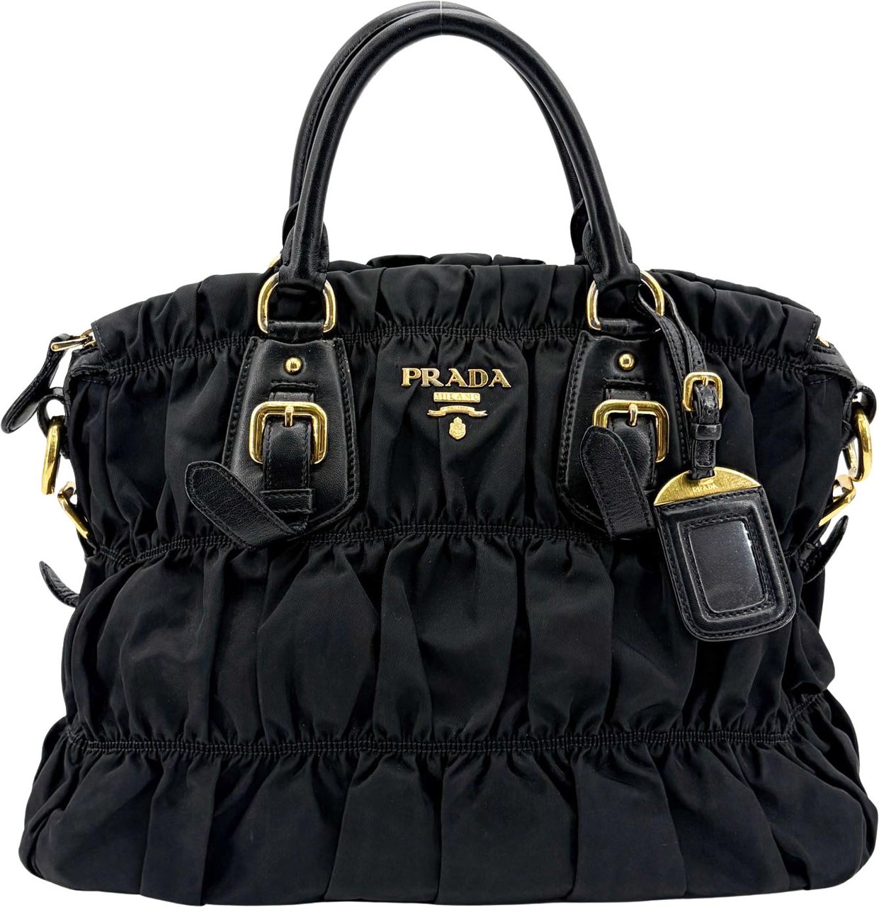 Prada Gaufre Convertible Tote Leather and Tessuto Large Zwart