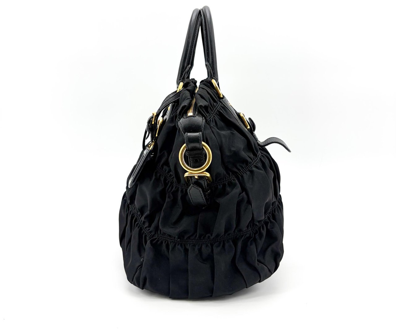 Prada Gaufre Convertible Tote Leather and Tessuto Large Zwart