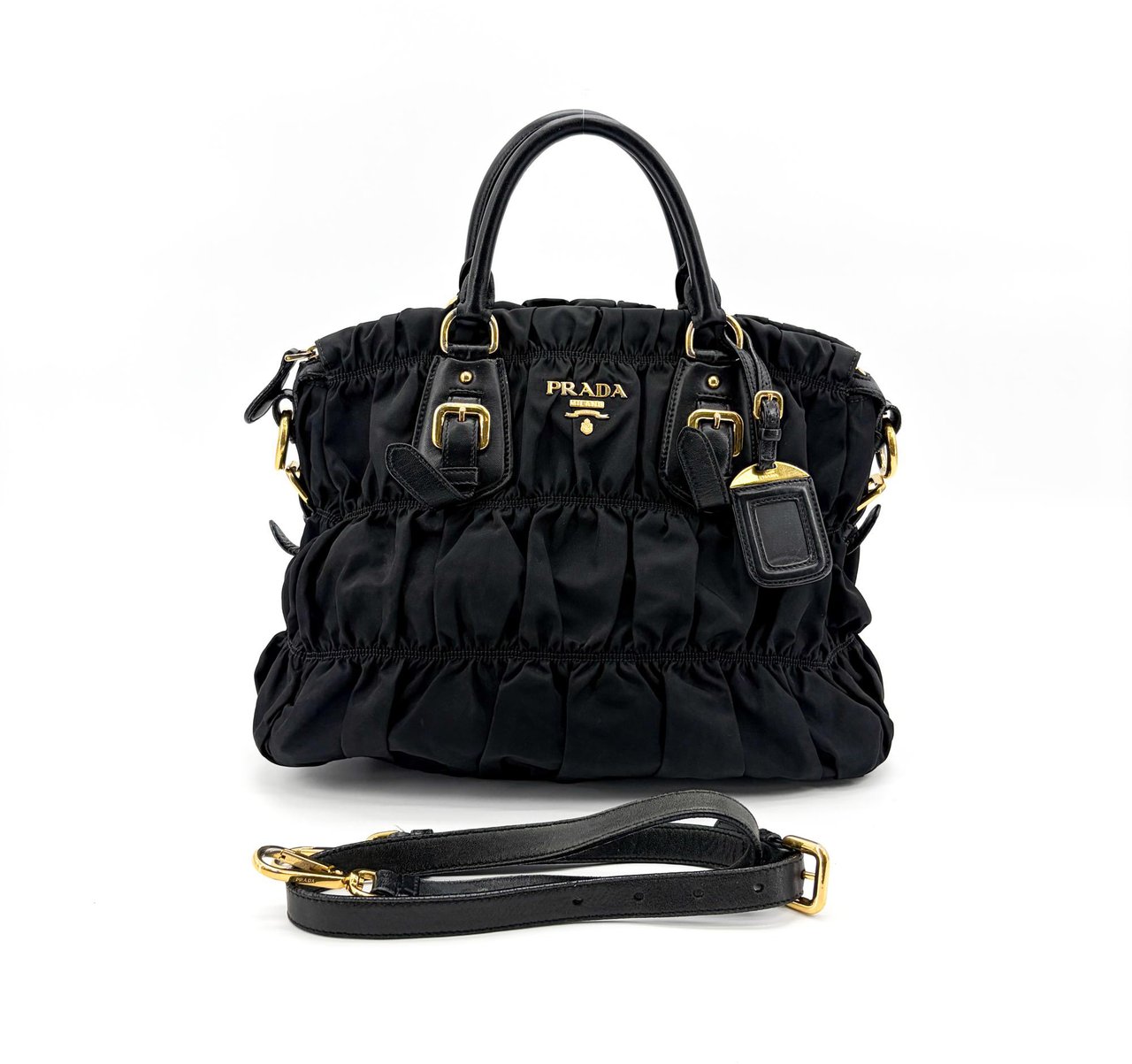 Prada Gaufre Convertible Tote Leather and Tessuto Large Zwart