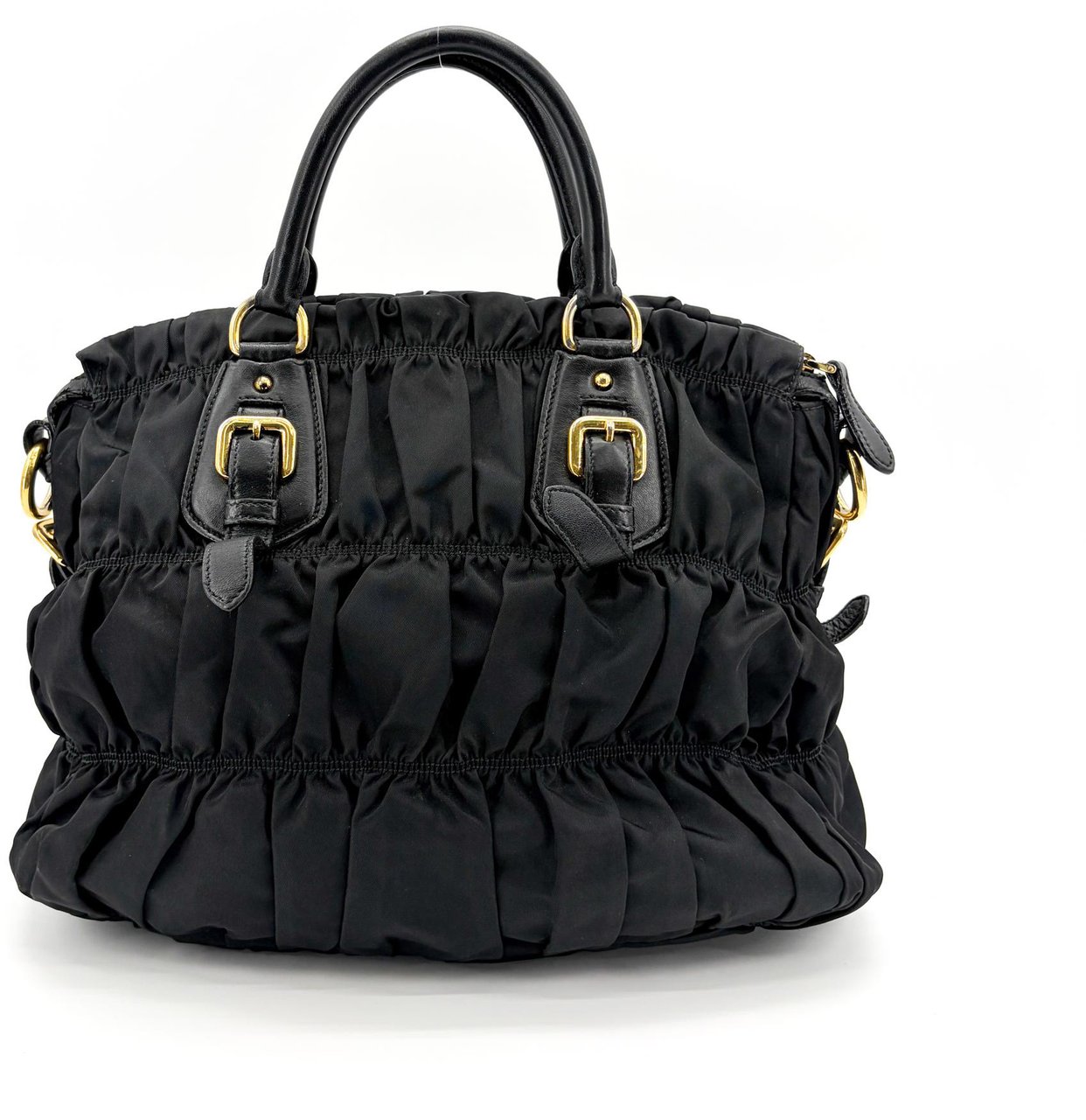 Prada Gaufre Convertible Tote Leather and Tessuto Large Zwart