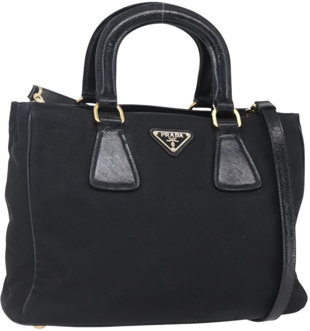 Prada Prada Convertible Top Handle Tote Tessuto with Vernice Saffiano Leather Small Zwart