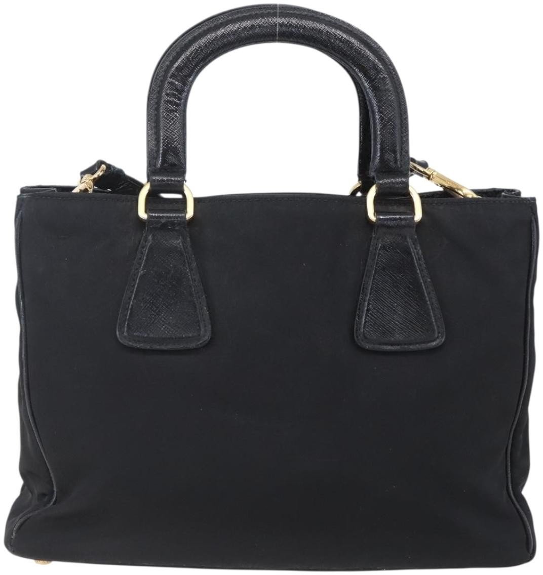 Prada Prada Convertible Top Handle Tote Tessuto with Vernice Saffiano Leather Small Zwart