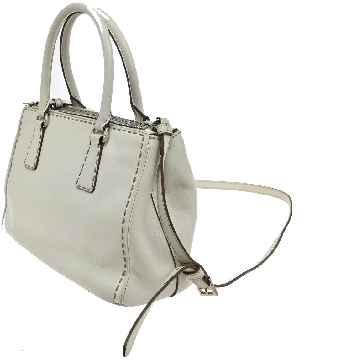 Prada Prada Galleria Double Zip Tote Stitched Leather Medium Wit