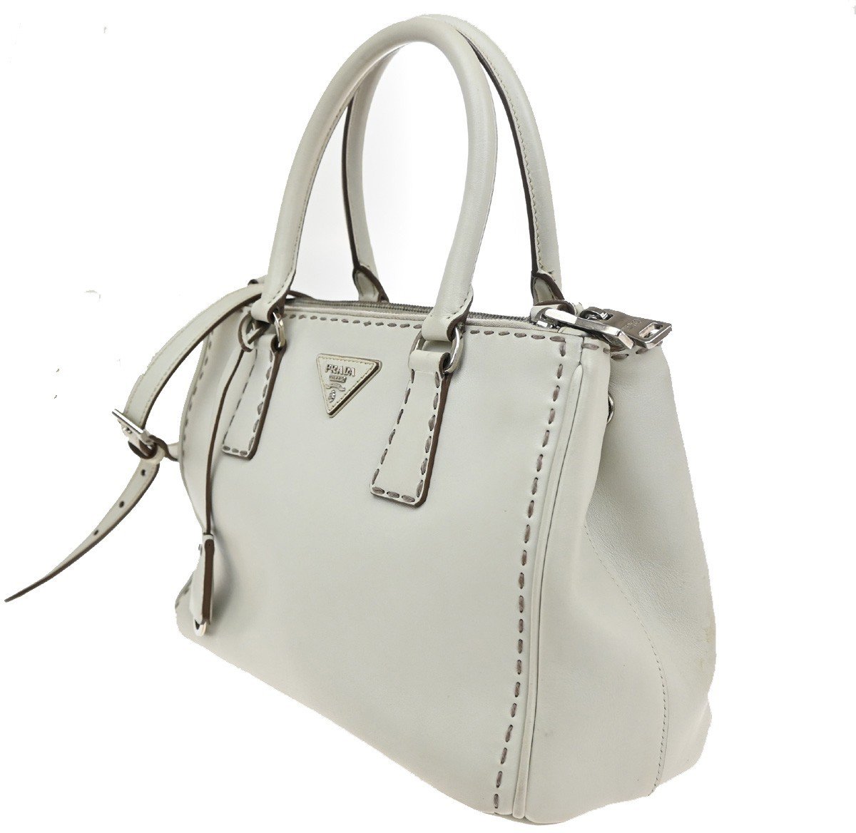 Prada Prada Galleria Double Zip Tote Stitched Leather Medium Wit