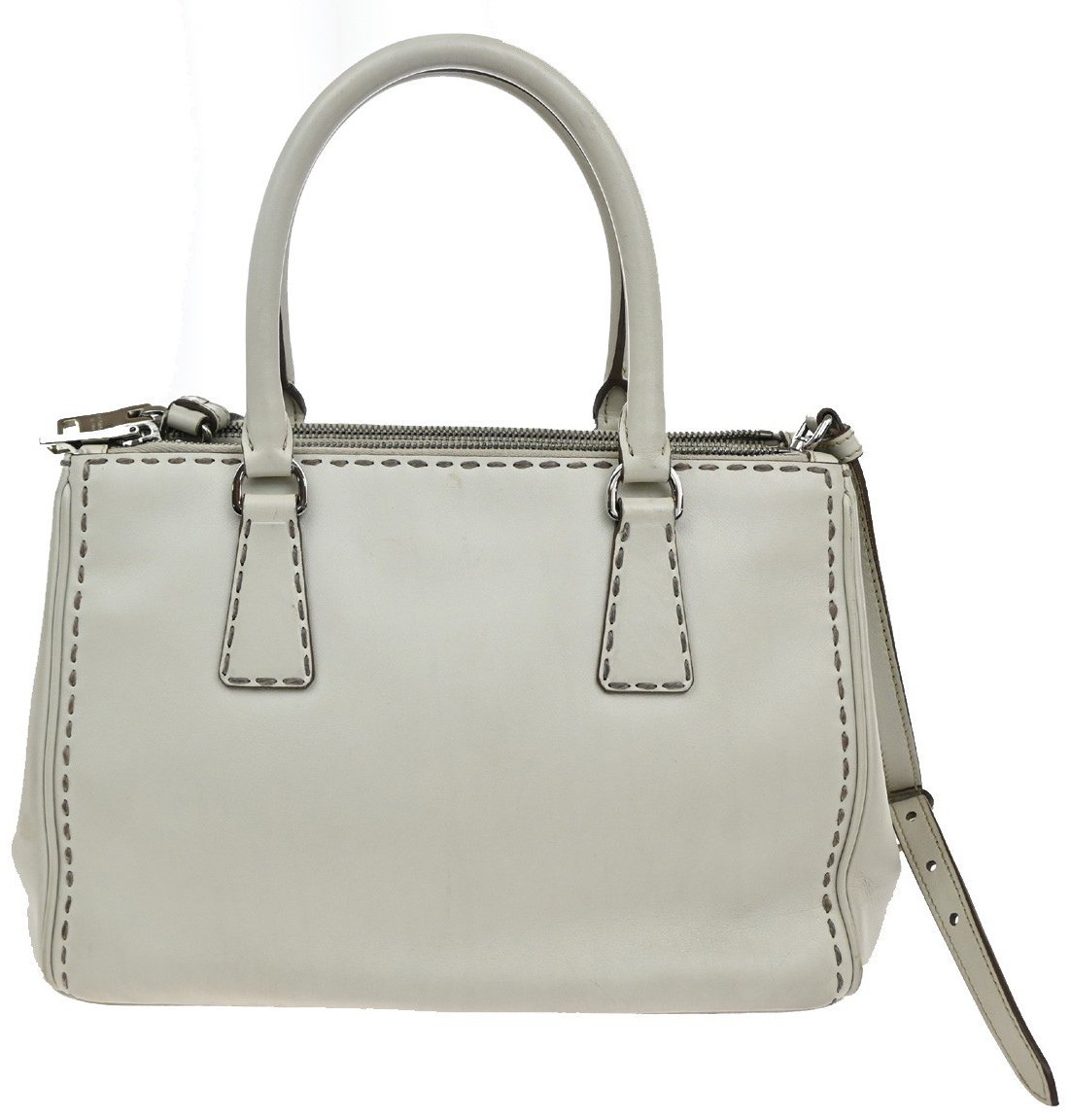 Prada Prada Galleria Double Zip Tote Stitched Leather Medium Wit