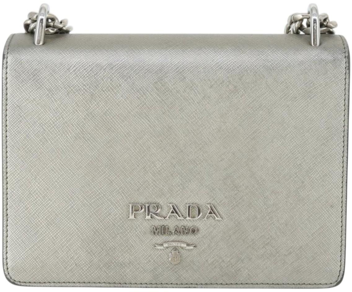 Prada Prada Chain Flap Bag Saffiano Leather Small Zilver