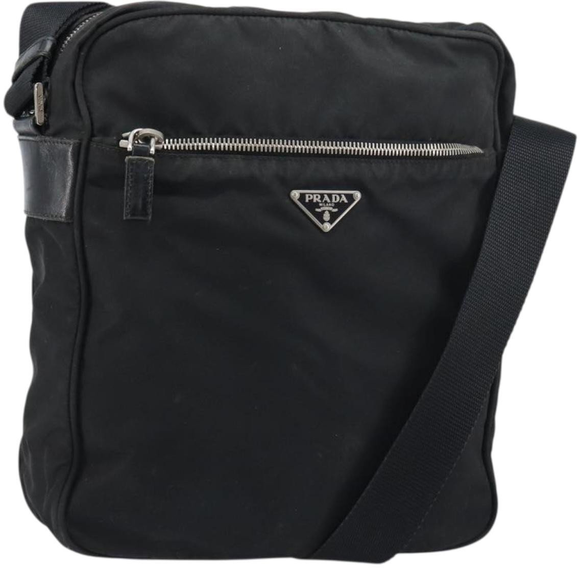 Prada Prada Front Pocket Zip Messenger Bag Tessuto with Saffiano Leather Large Zwart