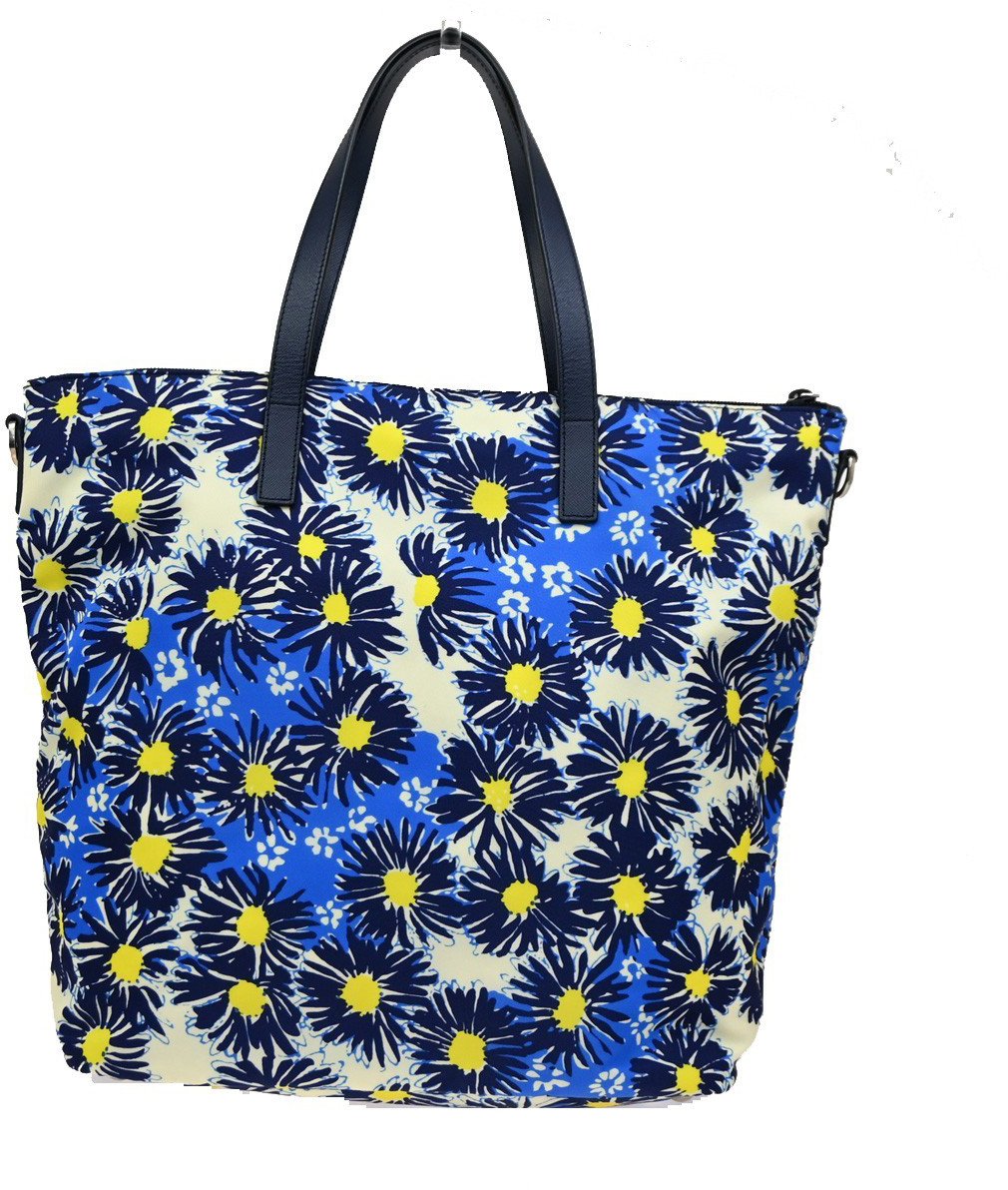 Prada Prada Convertible Zip Tote Printed Tessuto Medium Blauw