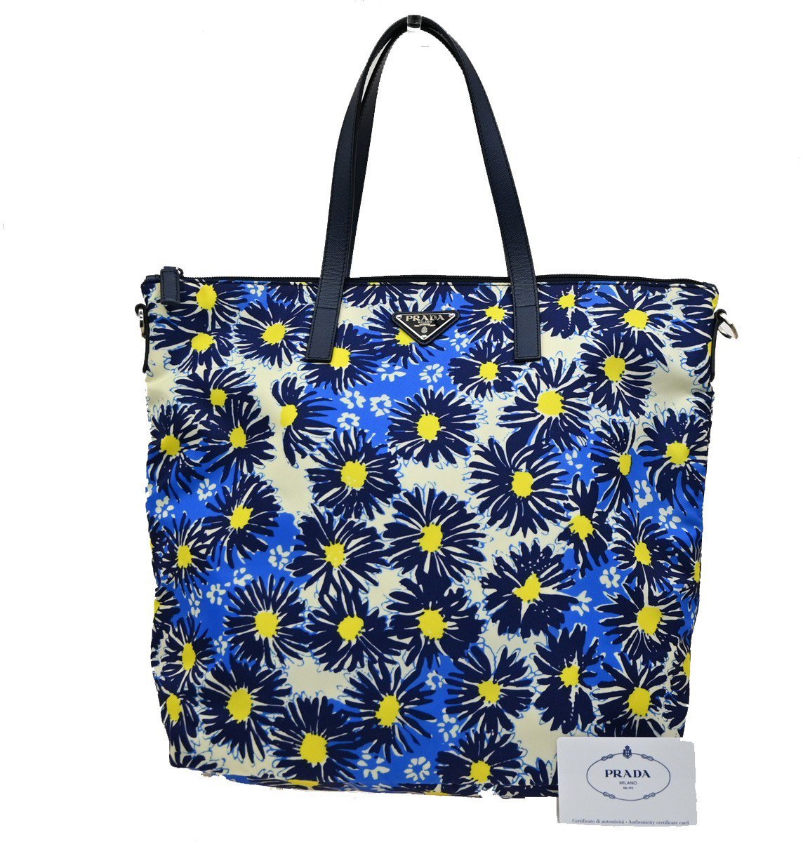 Prada Prada Convertible Zip Tote Printed Tessuto Medium Blauw