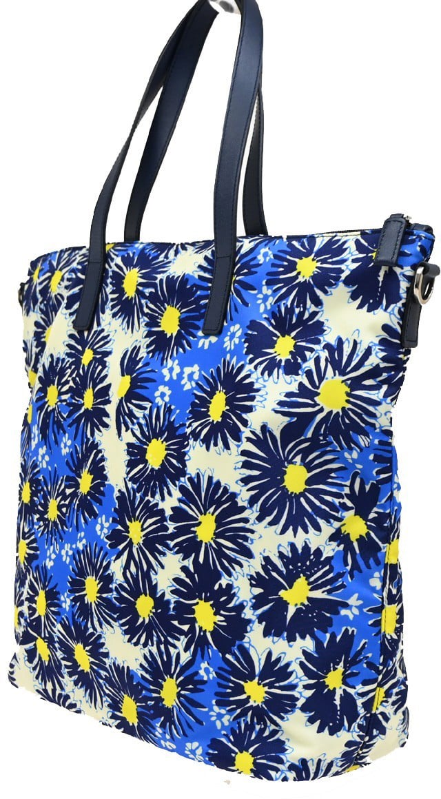 Prada Prada Convertible Zip Tote Printed Tessuto Medium Blauw