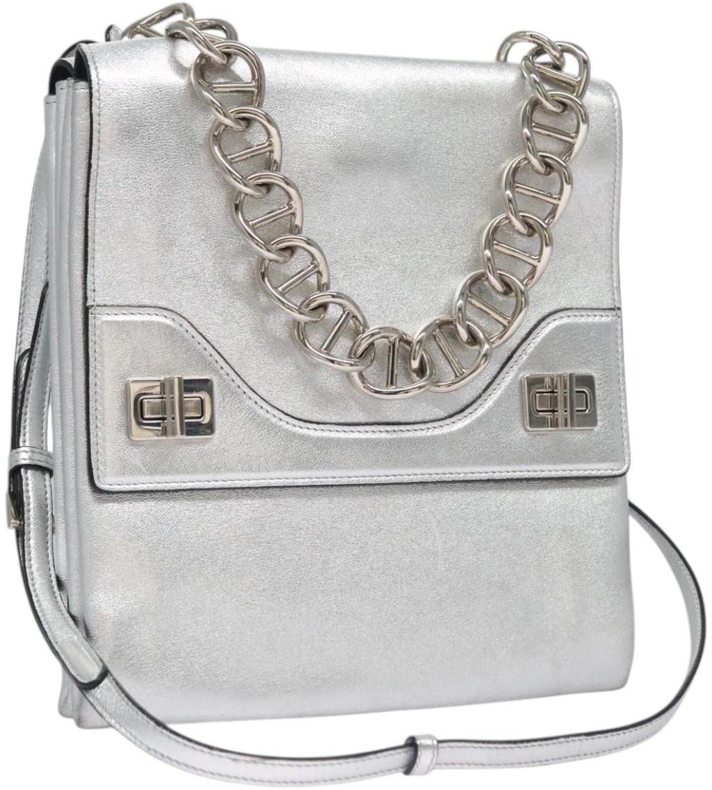 Prada Prada Double Turn Lock Shoulder Bag Leather Zilver