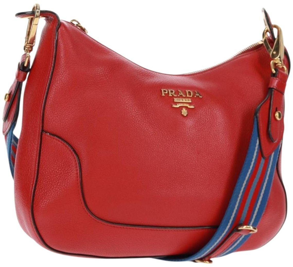 Prada Prada Striped Strap Zip Hobo Vitello Daino Medium Rood
