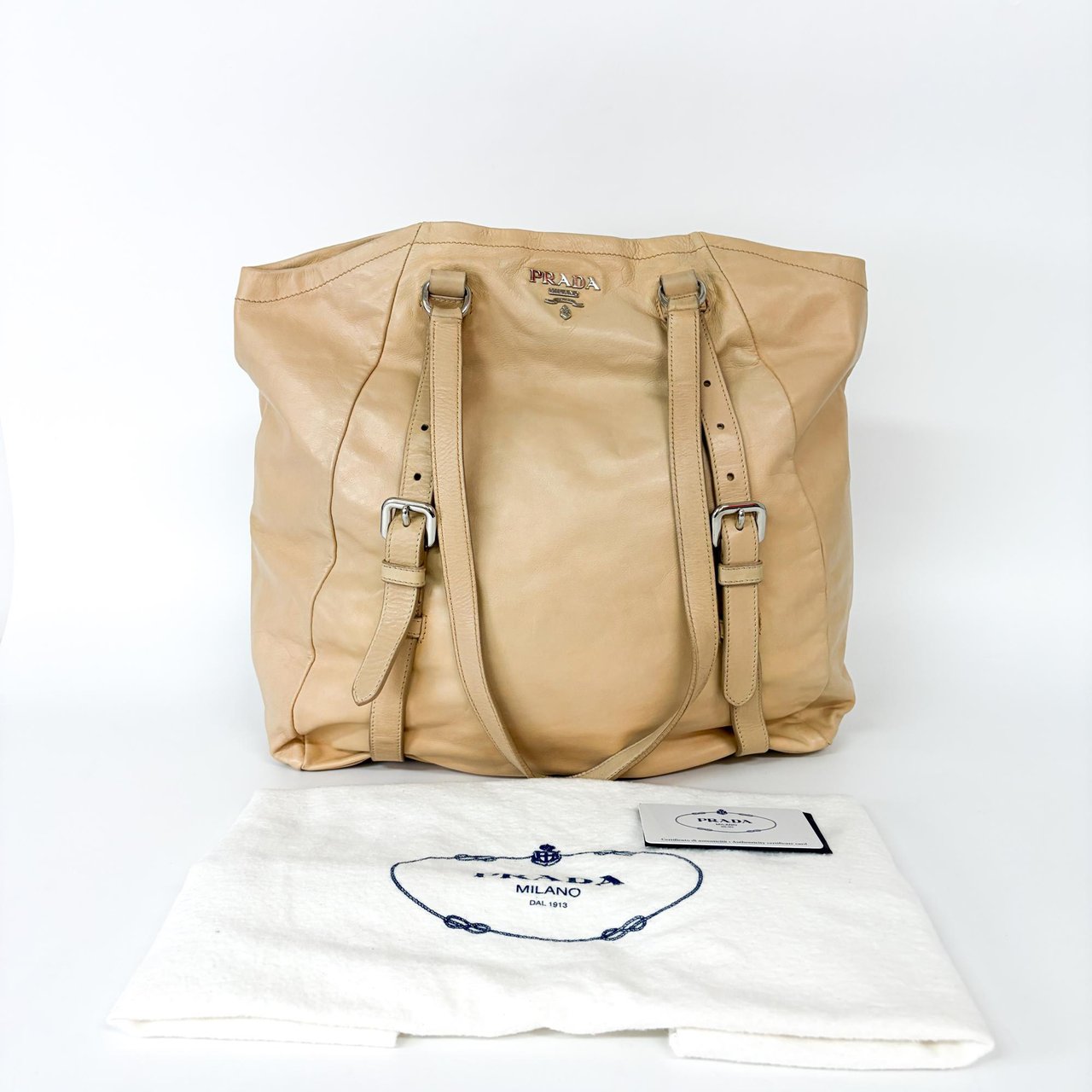 Prada Convertible Belted Side Pocket Tote Vitello Daino Leather Beige
