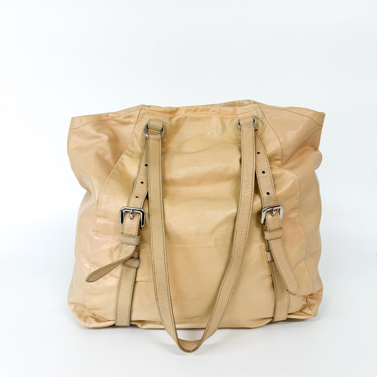 Prada Convertible Belted Side Pocket Tote Vitello Daino Leather Beige