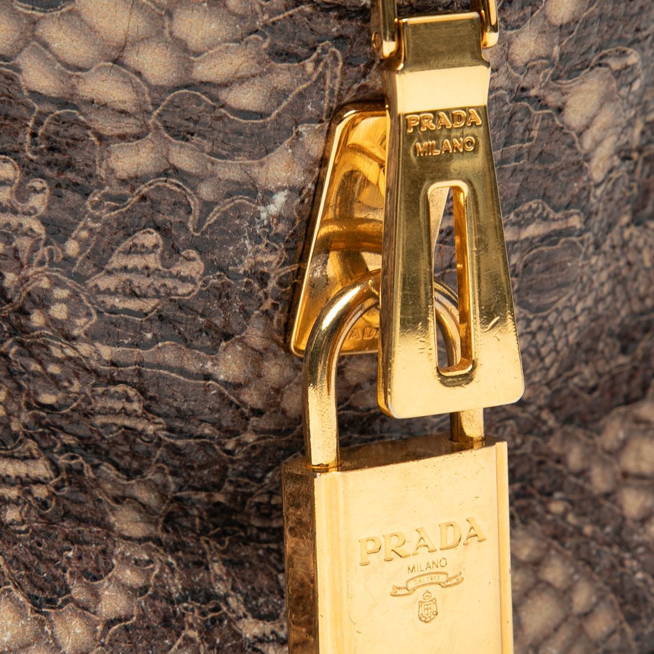 Prada Cervo Lux Lace Print Bauletto Handbag Bruin