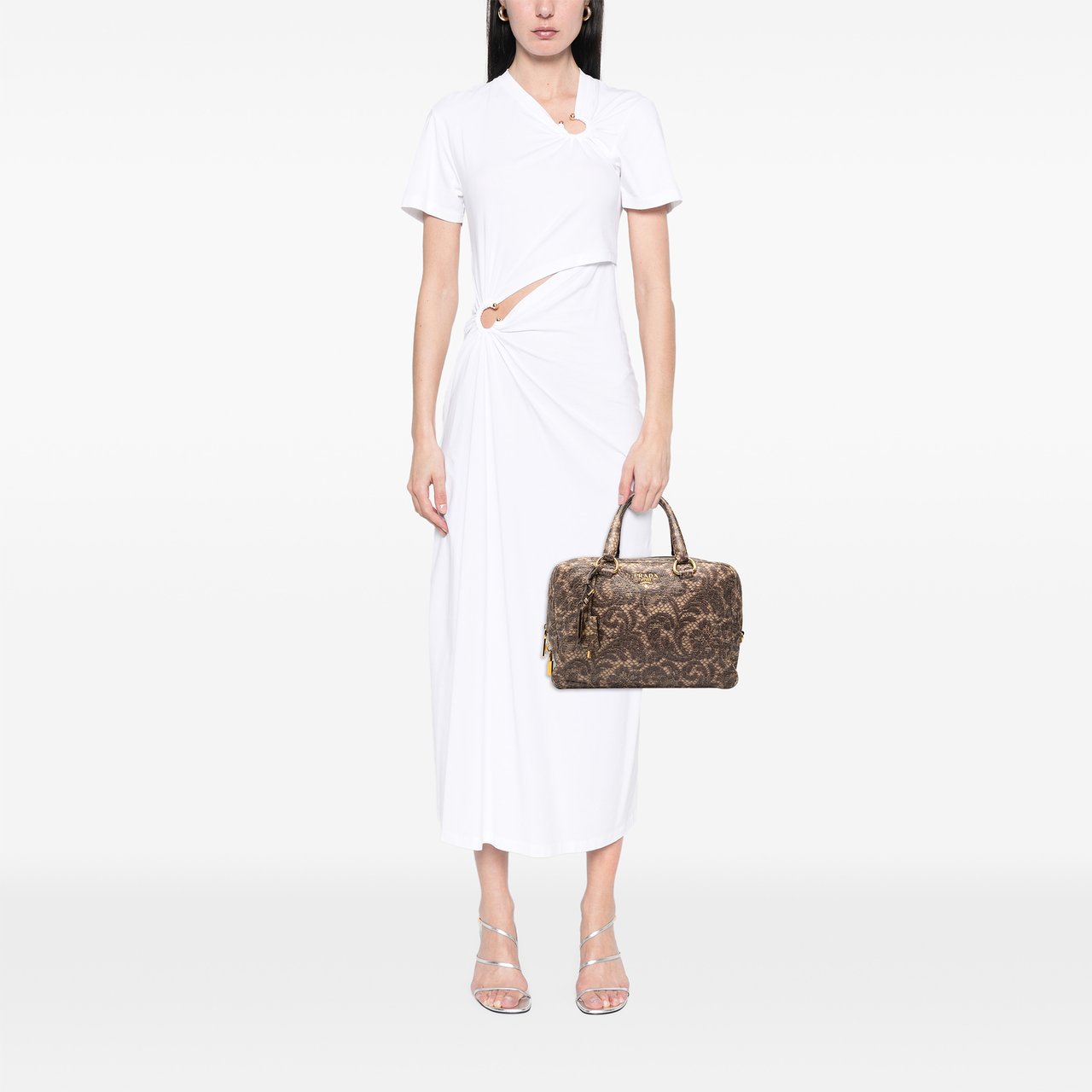 Prada Cervo Lux Lace Print Bauletto Handbag Bruin