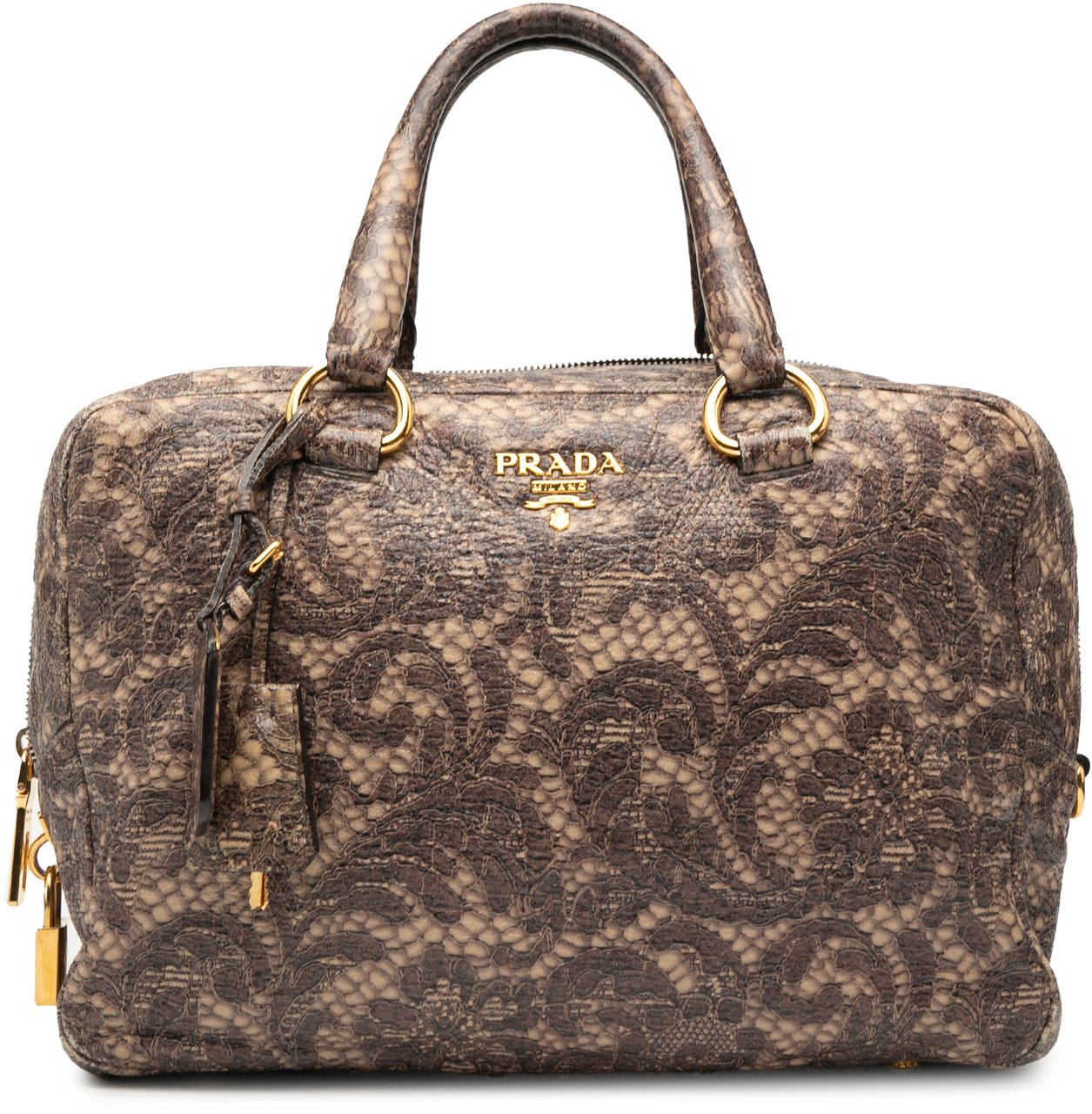 Prada Cervo Lux Lace Print Bauletto Handbag Bruin