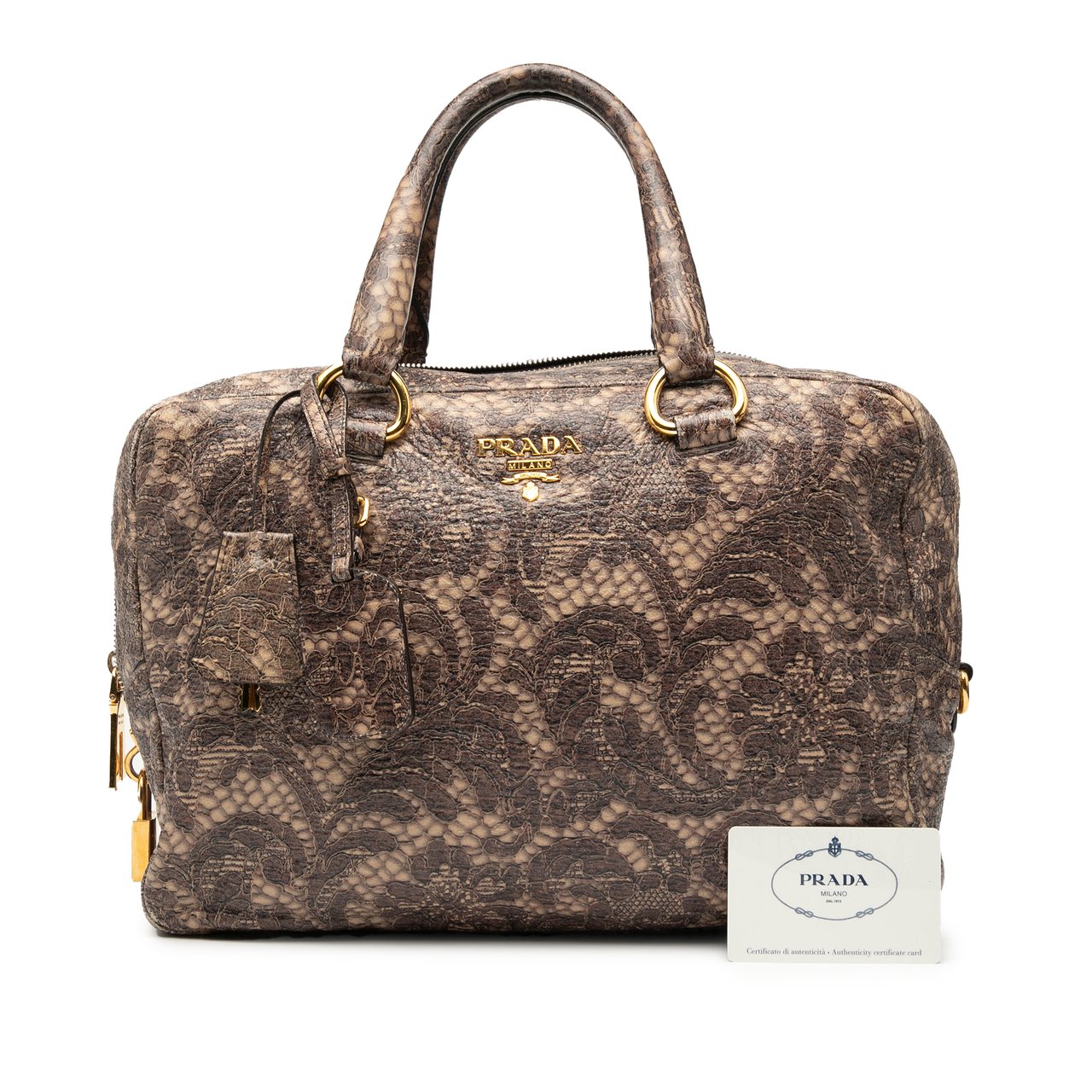 Prada Cervo Lux Lace Print Bauletto Handbag Bruin