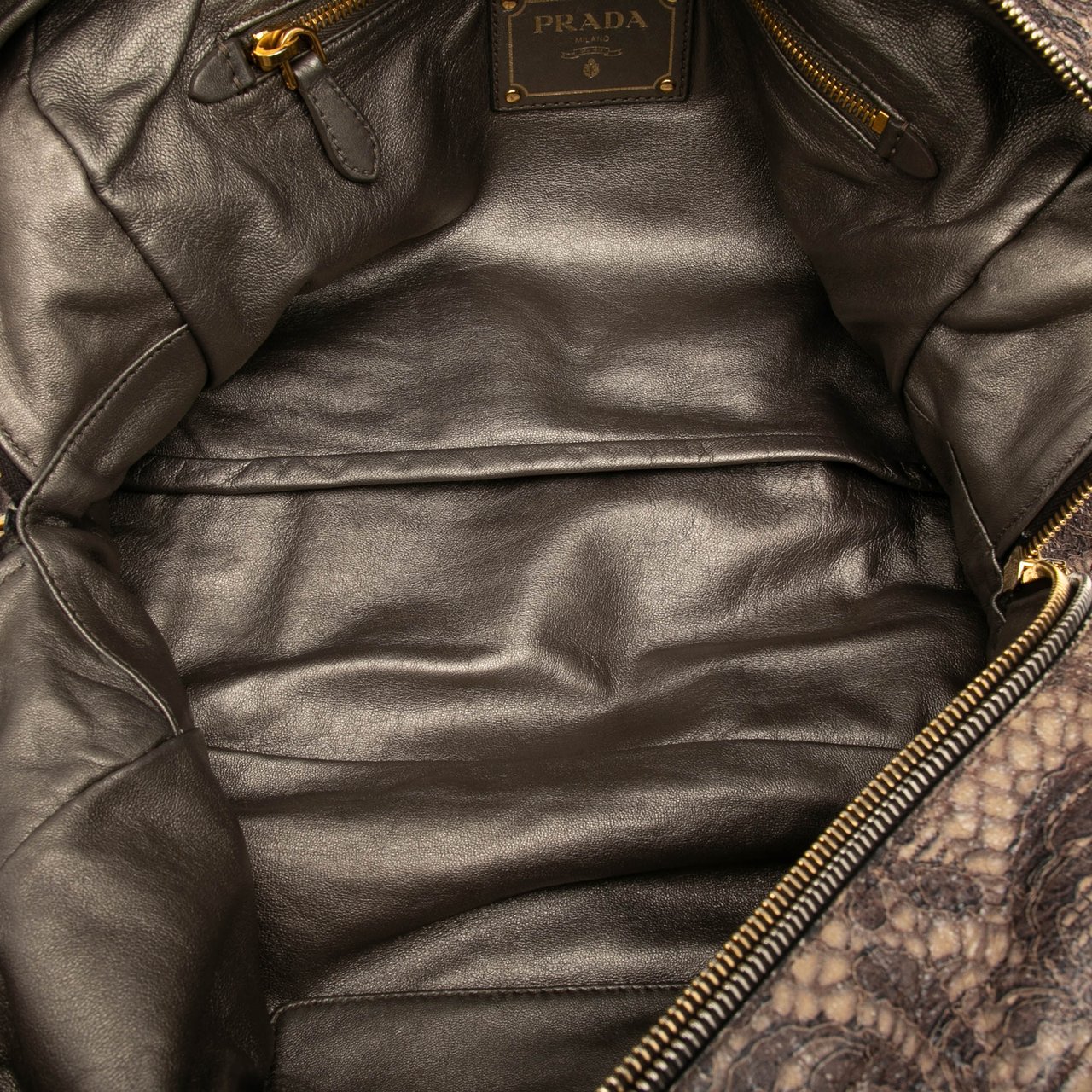 Prada Cervo Lux Lace Print Bauletto Handbag Bruin